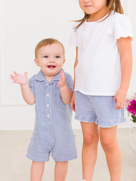 Classic Blue Seersucker Button-Up Romper