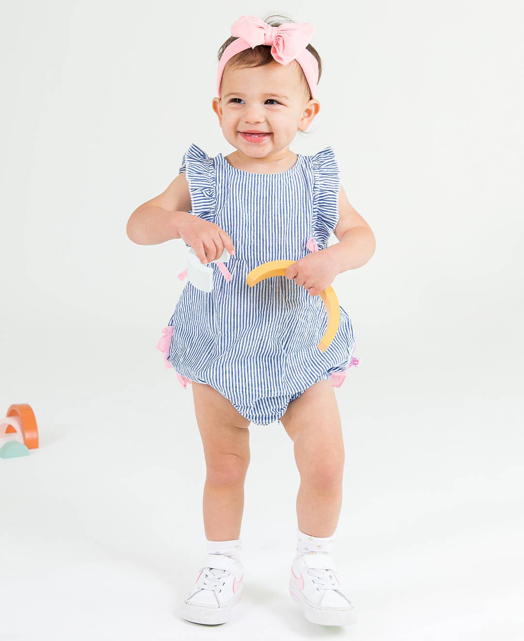 Baby Girls Blue Seersucker Classic Ruffle Bubble Romper: Blue / 0-3m
