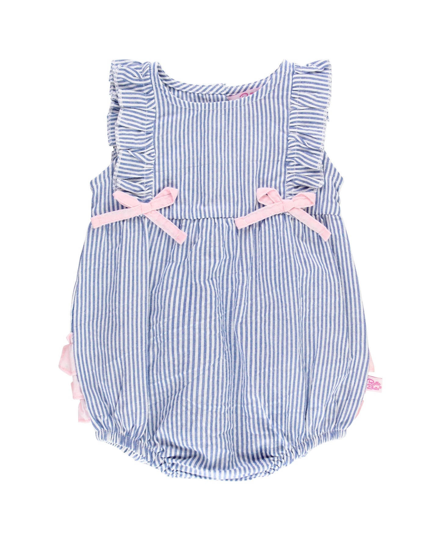 Baby Girls Blue Seersucker Classic Ruffle Bubble Romper: Blue / 0-3m