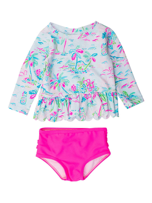 Tropical Resort Long Sleeve Rash Guard 2-Piece Swimsuit
