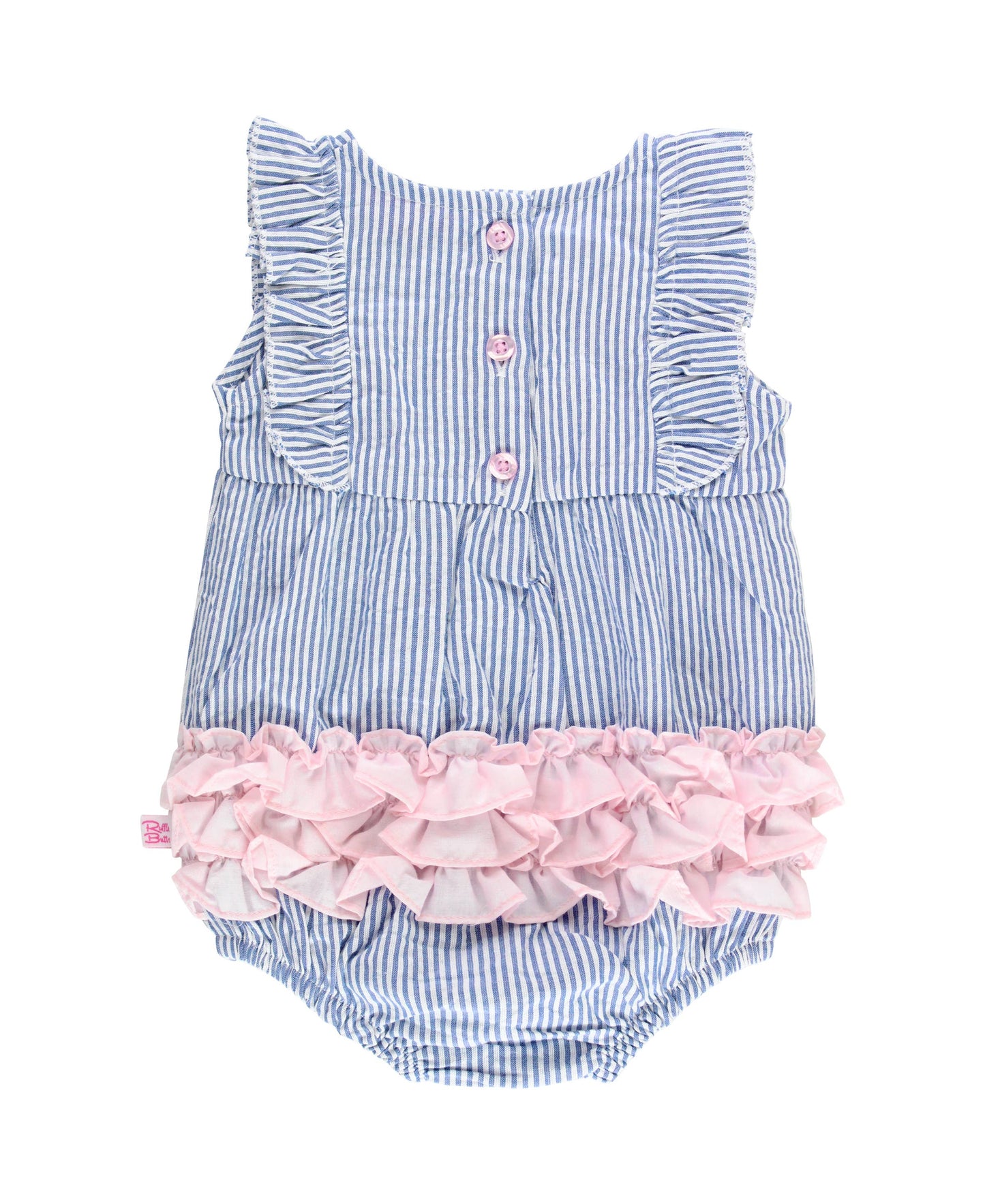 Baby Girls Blue Seersucker Classic Ruffle Bubble Romper: Blue / 0-3m