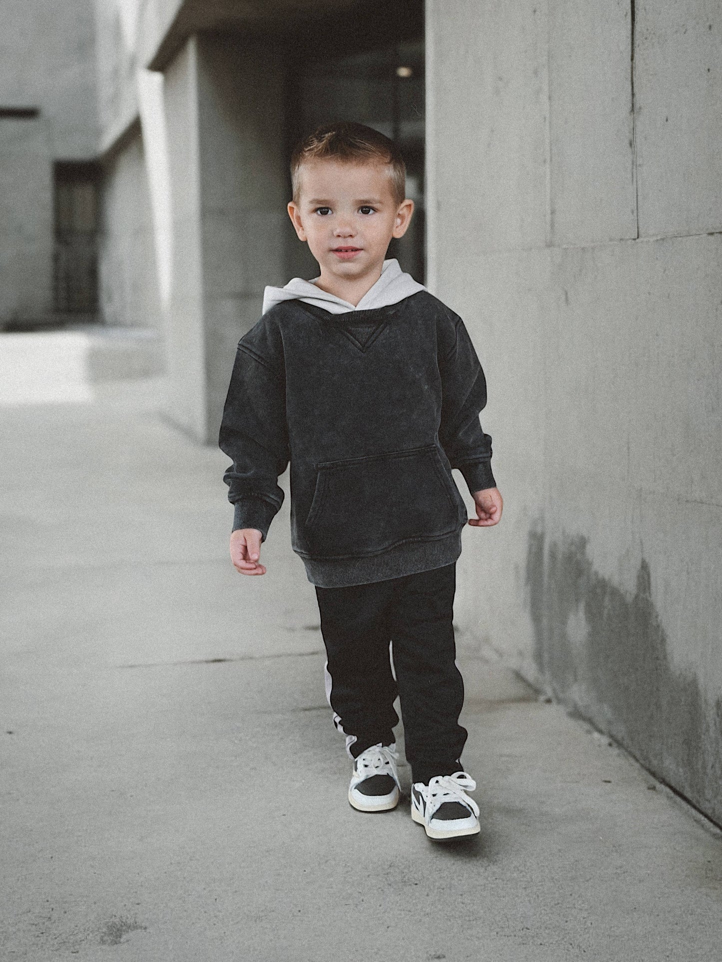 Black Acid Wash Crew-Neck Hoodie