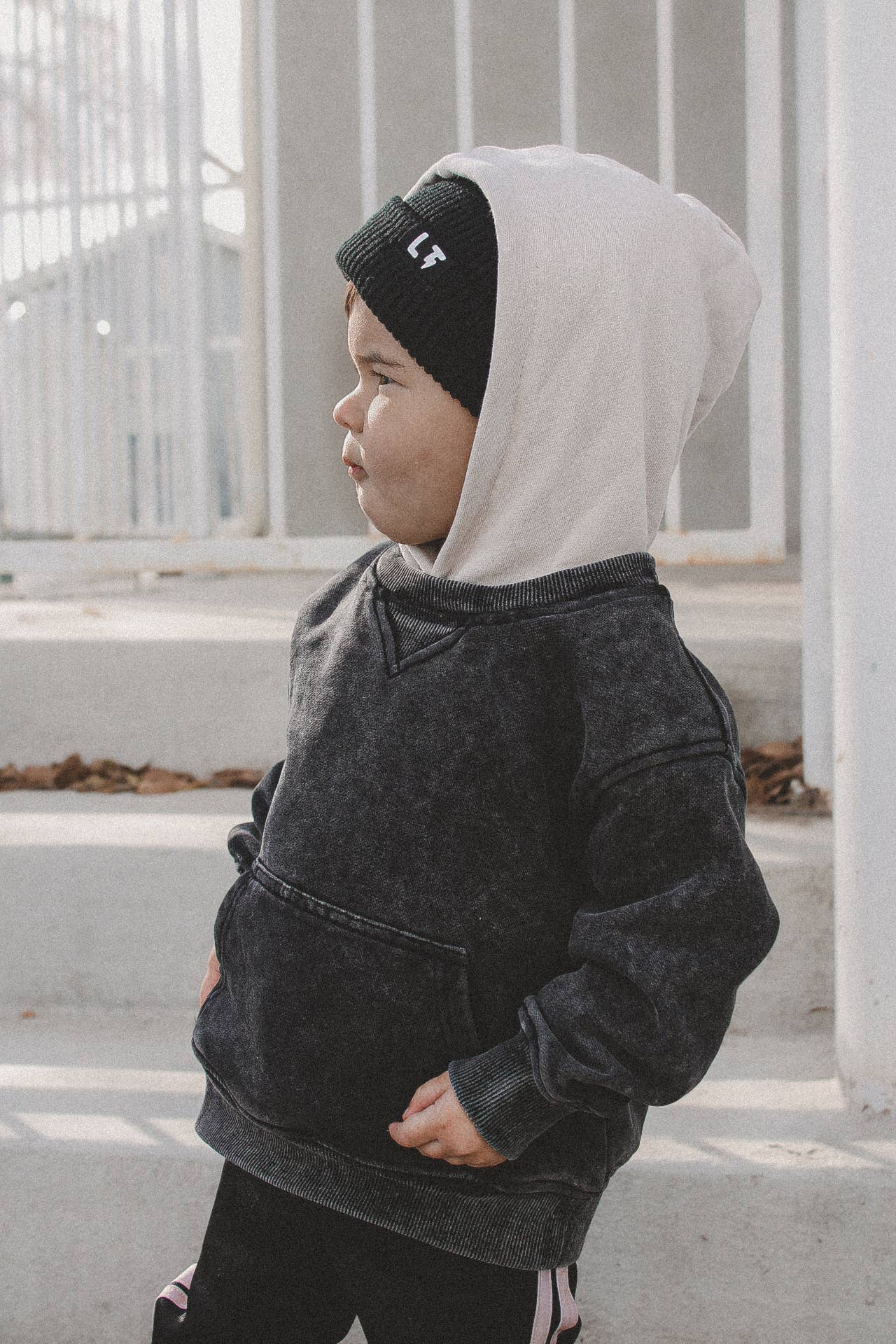 Black Acid Wash Crew-Neck Hoodie