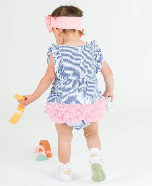 Baby Girls Blue Seersucker Classic Ruffle Bubble Romper: Blue / 0-3m