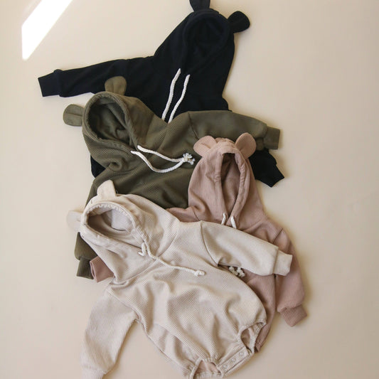 Ribbed Bear Hood Romper - Olive