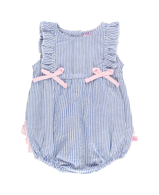 Baby Girls Blue Seersucker Classic Ruffle Bubble Romper: Blue / 0-3m